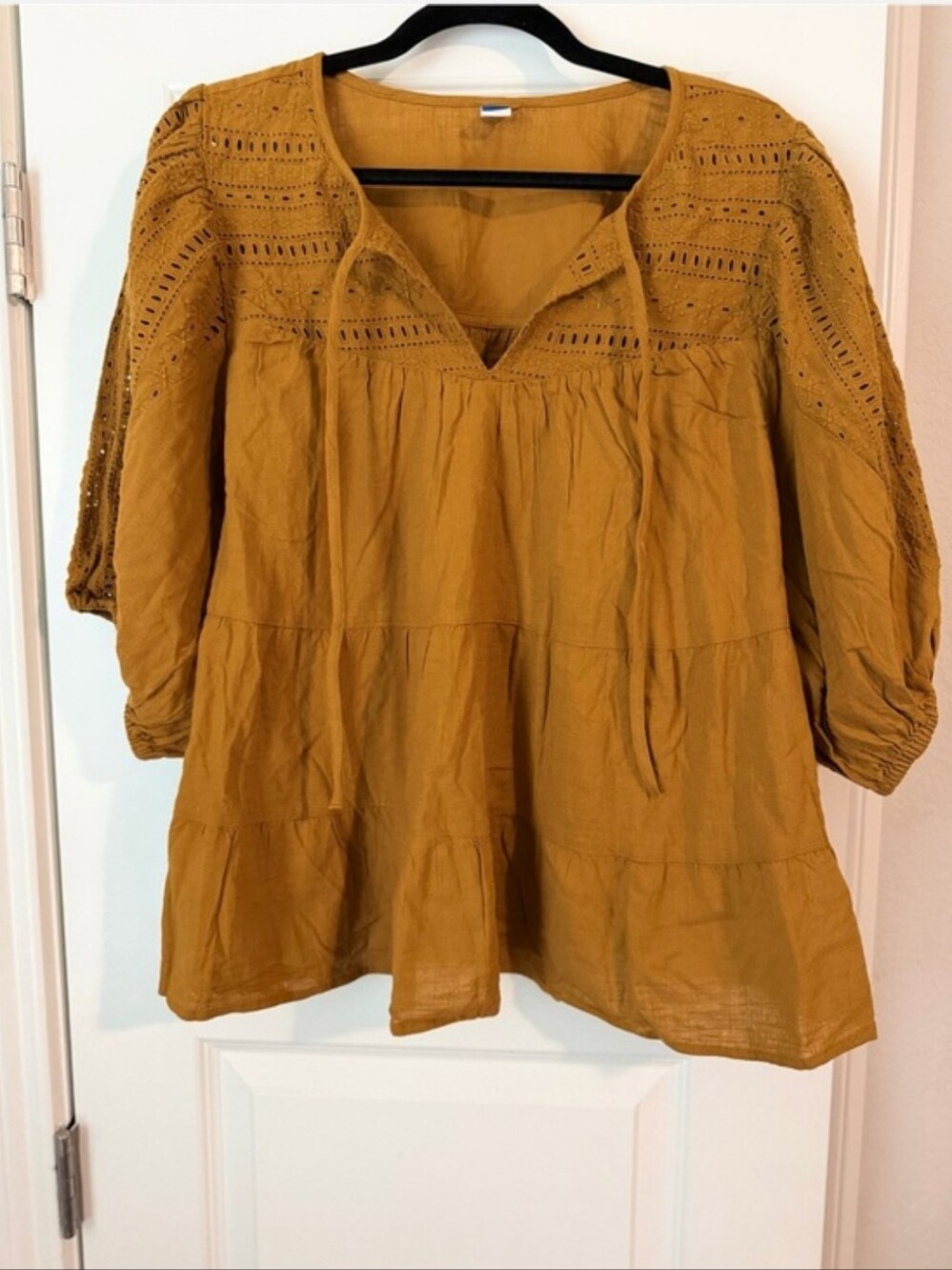 Old Navy Mustard Yellow Eyelet Embroidered Peasant Babydoll Tiered Blouse 2XL